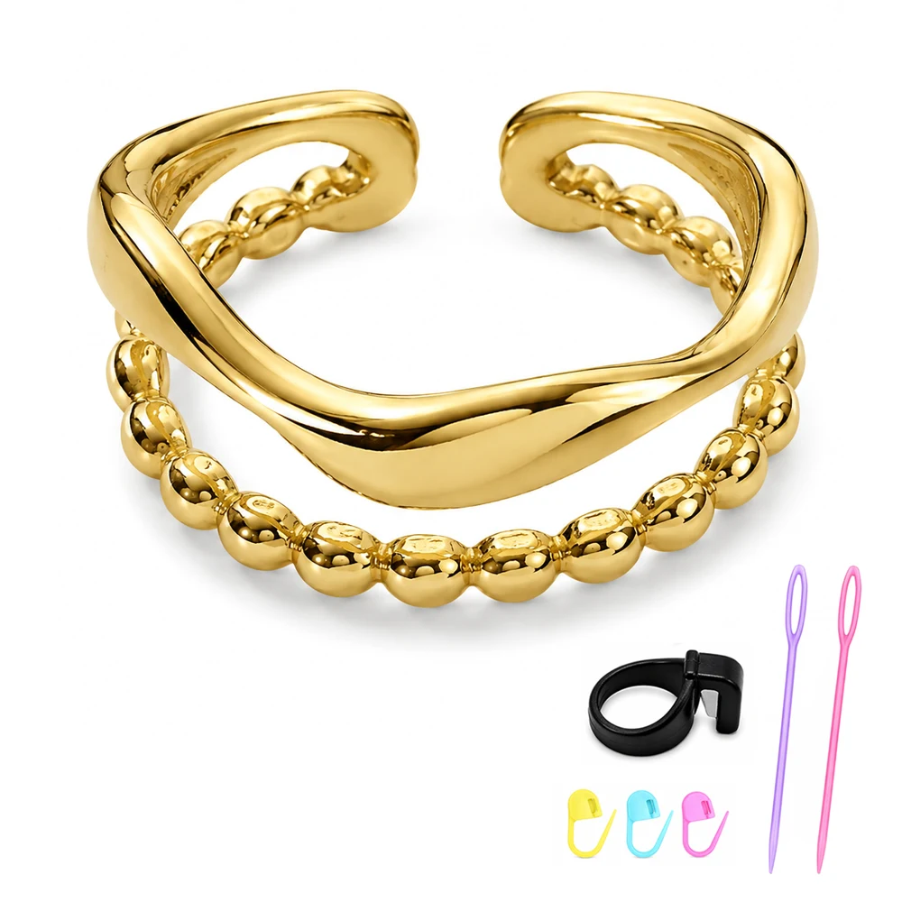 Gold-tone Acosse Sculptural Crochet Ring photographed with craft accessories