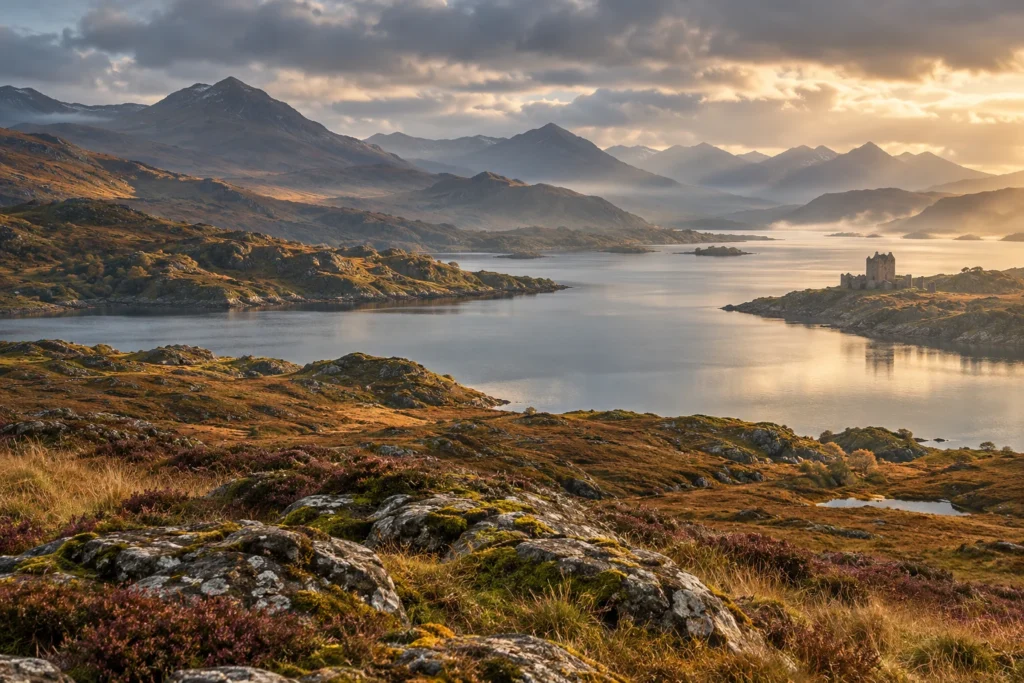 Concept landscape inspired by a tranquil loch and mountains of the Scottish Highlands